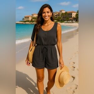 Textured Sleeveless Button Front Romper Lightweight Streetwear Downtown Pockets